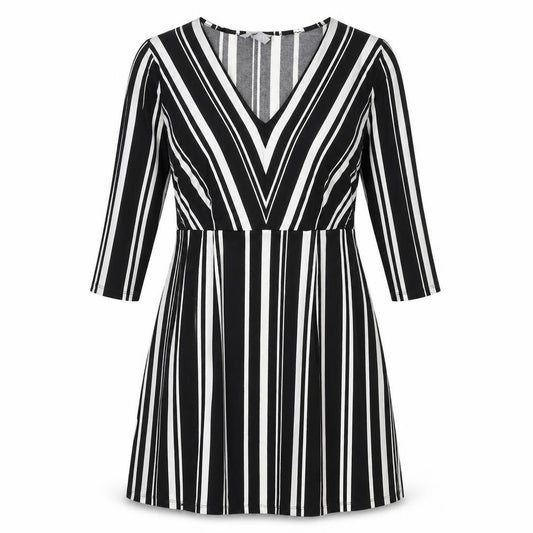 Front view of H&M women’s black striped polyester a-line, size S, v-neck pullover