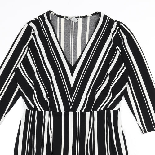 H&M Womens Black Striped Polyester A-Line Size S V-Neck Pullover