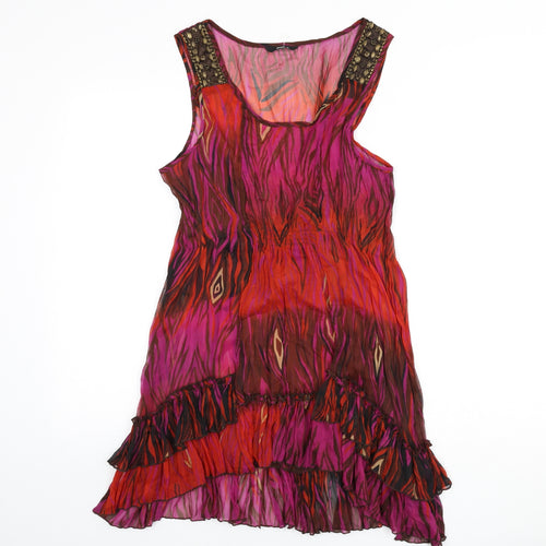 M&Co Womens Multicoloured Geometric Polyester A-Line Size 14 Scoop Neck Pullover - Beaded, Ruffle Hem