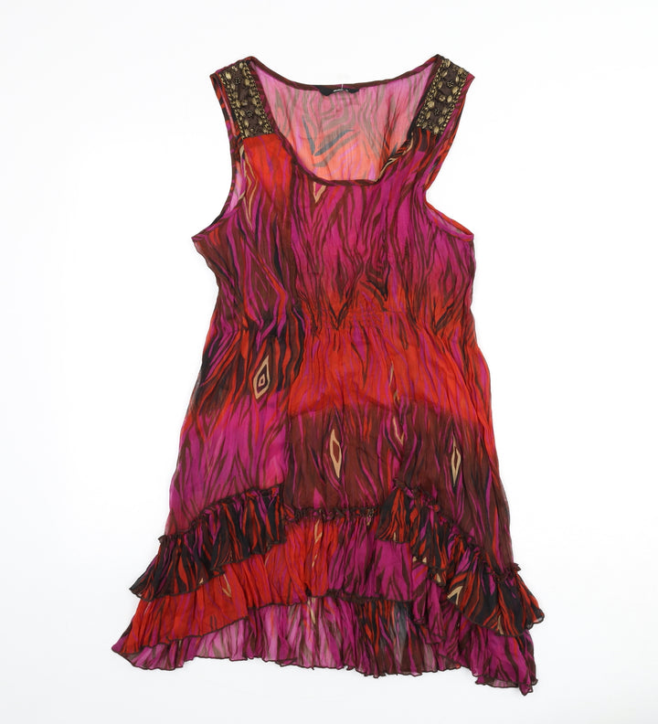 M&Co Womens Multicoloured Geometric Polyester A-Line Size 14 Scoop Neck Pullover - Beaded, Ruffle Hem