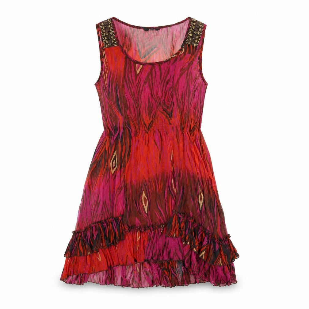 Front view of M&Co women’s multicoloured geometric polyester a-line, size UK 14, scoop neck pullover - beaded, ruffle hem