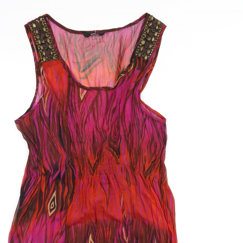 M&Co Womens Multicoloured Geometric Polyester A-Line Size 14 Scoop Neck Pullover - Beaded, Ruffle Hem