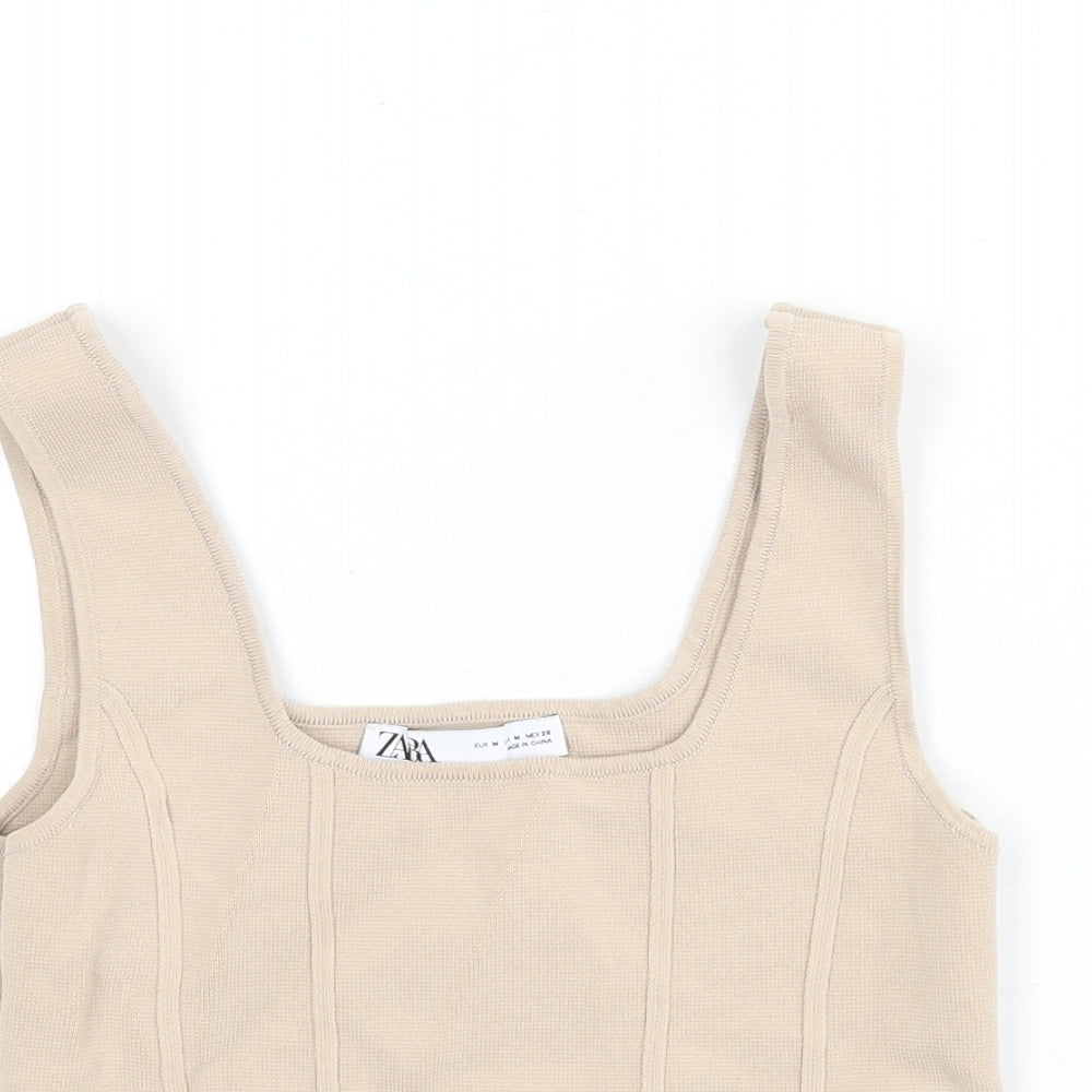 Zara Womens Beige Viscose Cropped Tank Size M Square Neck