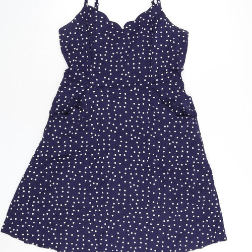 &et Womens Blue Polka Dot Viscose A-Line Size M V-Neck Pullover - Scalloped Neck