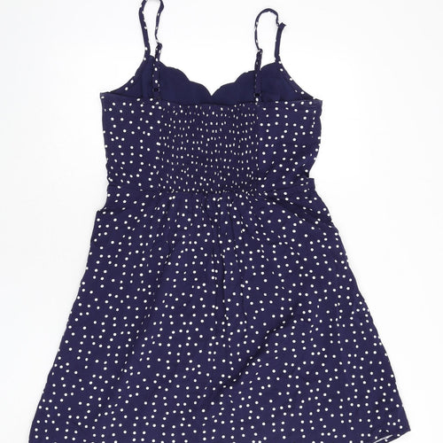 &et Womens Blue Polka Dot Viscose A-Line Size M V-Neck Pullover - Scalloped Neck
