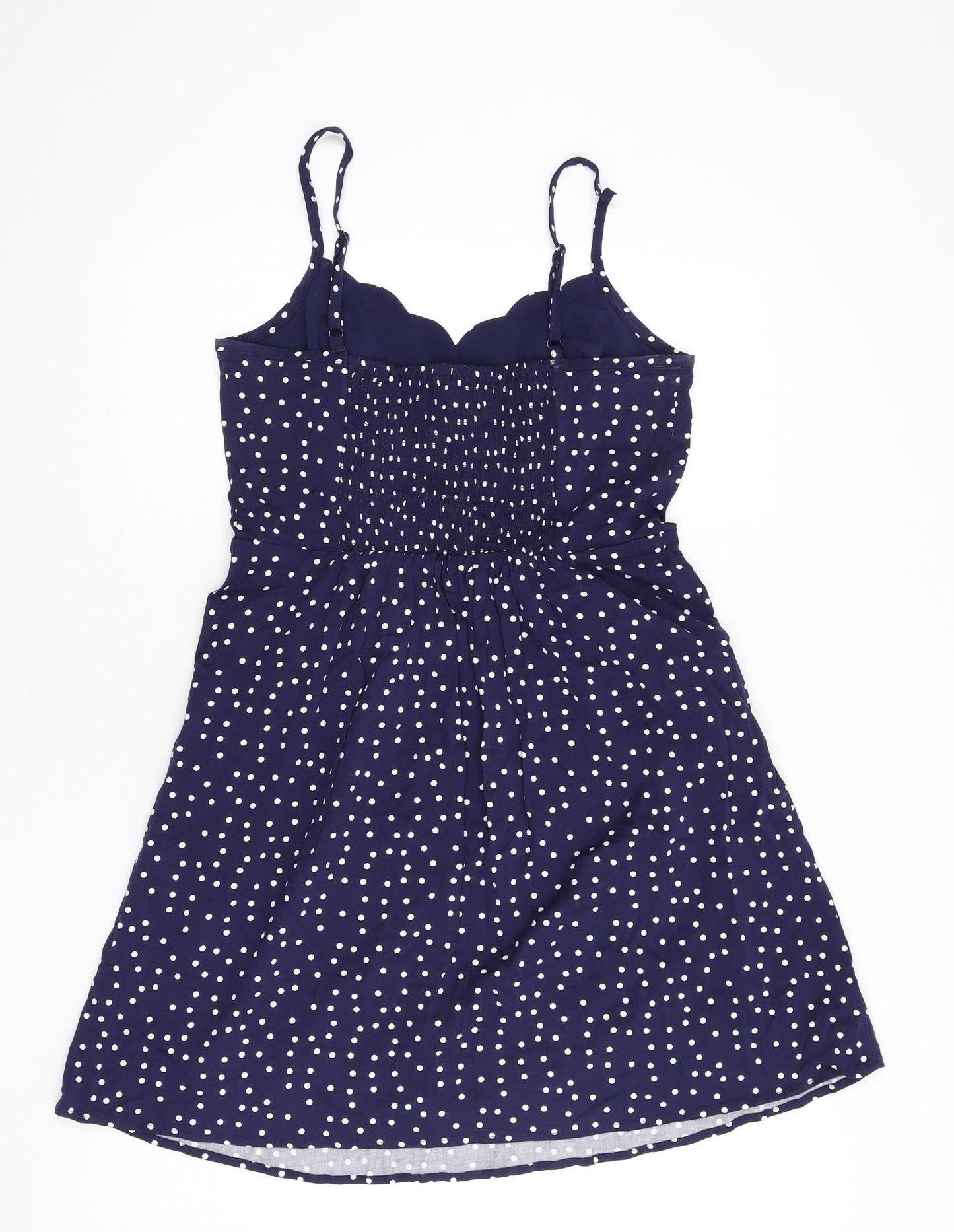 &et Womens Blue Polka Dot Viscose A-Line Size M V-Neck Pullover - Scalloped Neck
