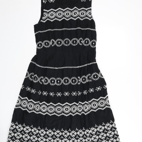 RJR.John Rocha Womens Black Geometric Cotton A-Line Size 12 Round Neck Zip - Embroidered Detail
