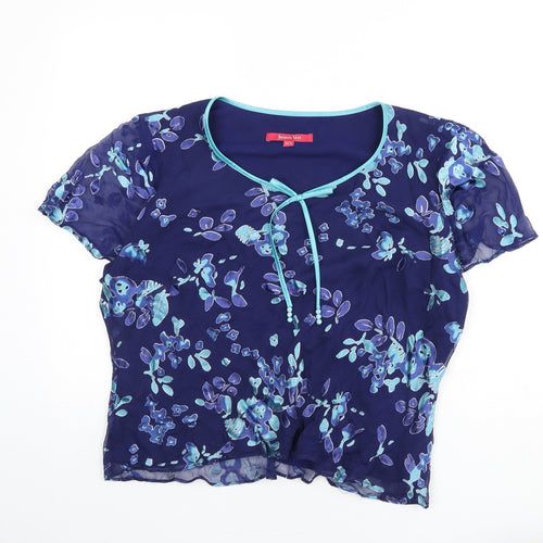 Jacques Vert Womens Blue Floral Silk Basic Blouse Size 20 Scoop Neck - Bow