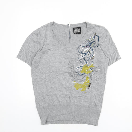 Butterfly Womens Grey Scoop Neck Viscose Pullover Jumper Size 12 - Zip, Graphics, Sequins, Birds