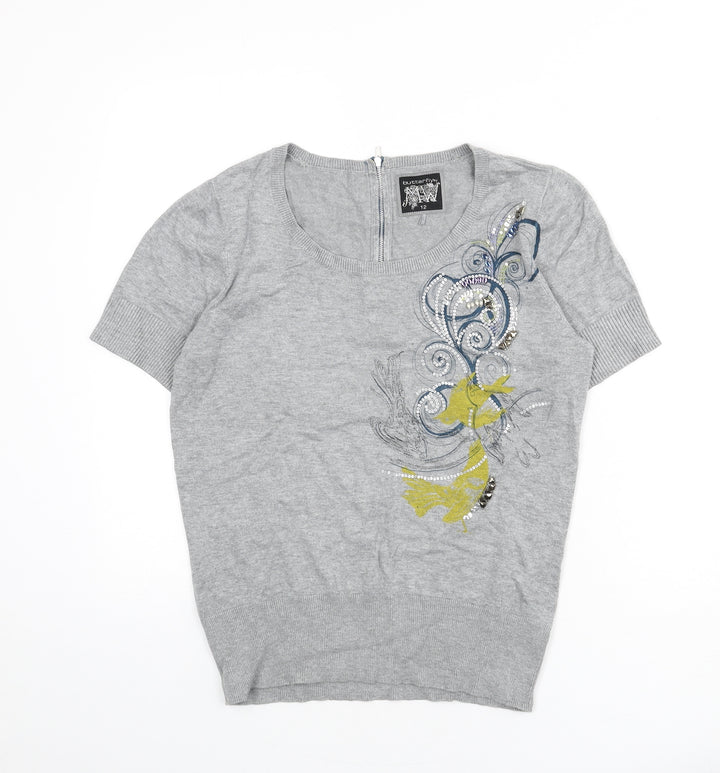 Butterfly Womens Grey Scoop Neck Viscose Pullover Jumper Size 12 - Zip, Graphics, Sequins, Birds
