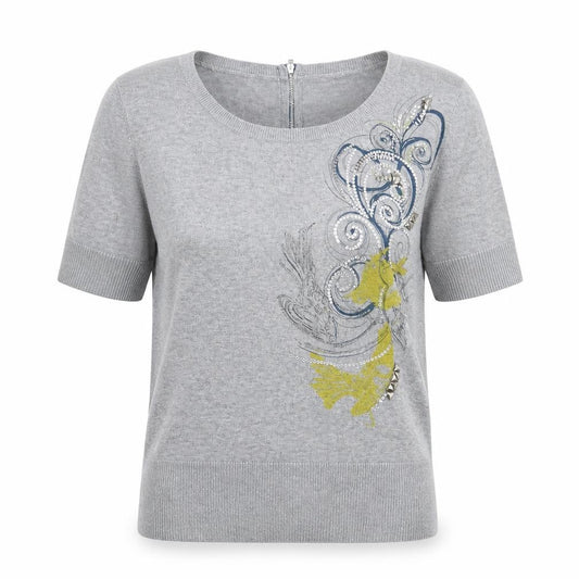 Front view of Butterfly women’s grey scoop neck viscose jumper, size UK 12, - zip, graphics, sequins, birds