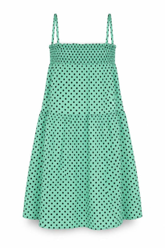 Front view of ASOS women’s green polka dot 100% cotton a-line, size UK 10, square neck pullover - shirred bust
