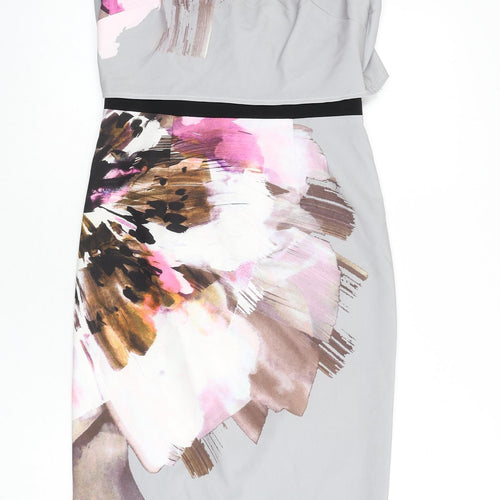Little Mistress Womens Grey Polyester Pencil Dress Size 10 Round Neck Zip - Graphic Flower Detailing