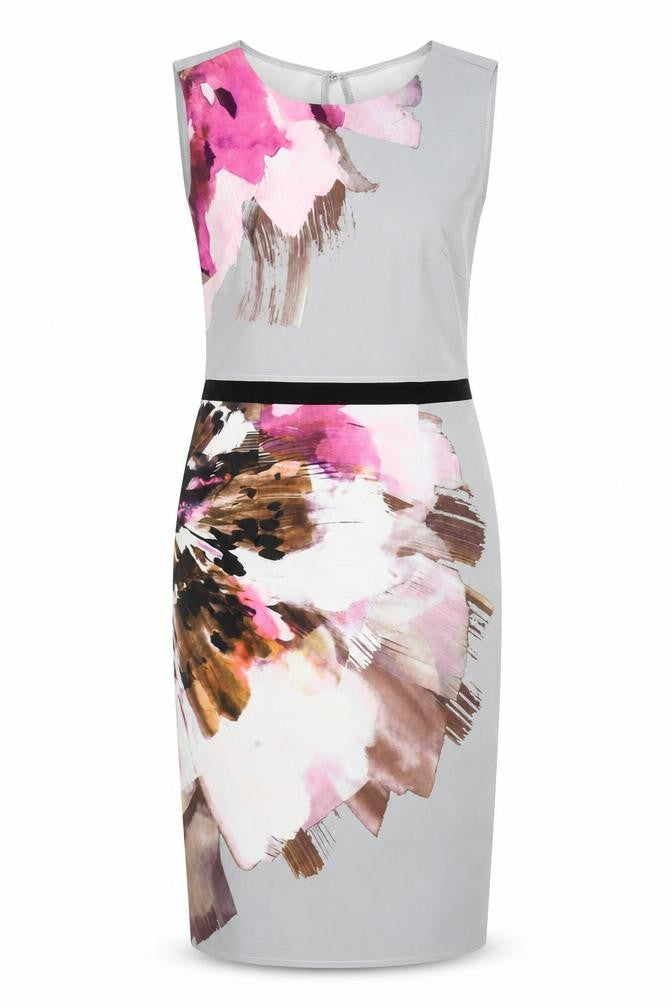 Little Mistress Womens Grey Polyester Pencil Dress Size 10 Round Neck Zip - Graphic Flower Detailing