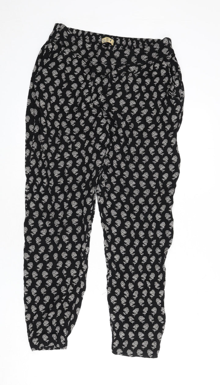 M&Co Womens Black Floral Viscose Trousers Size 10 L26 in Regular