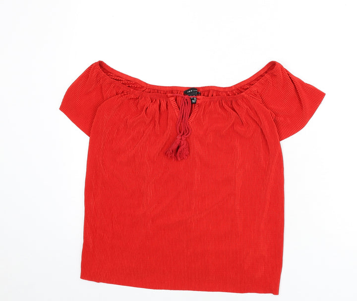 New Look Womens Red Polyester Basic Blouse Size 6 Off the Shoulder - Ribbed, Tassels, Bardot