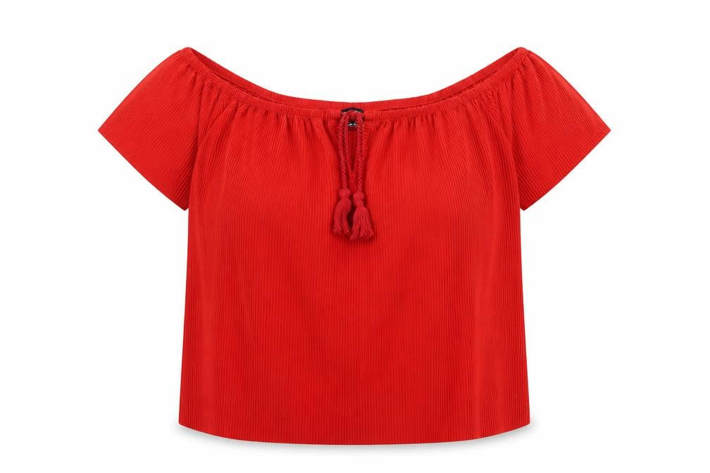 Front view of New Look women’s red polyester basic blouse, size UK 6, off the shoulder - ribbed, tassels, bardot