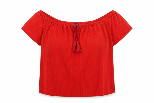 Front view of New Look women’s red polyester basic blouse, size UK 6, off the shoulder - ribbed, tassels, bardot