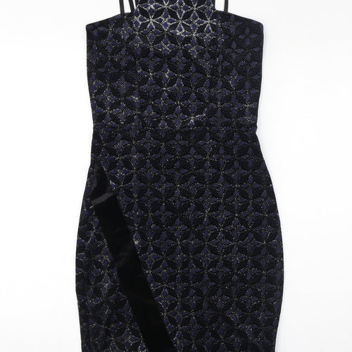 Quiz Womens Black Geometric Polyester Bodycon Size 10 Square Neck Pullover - Sparkle, Asymmetrical Hem