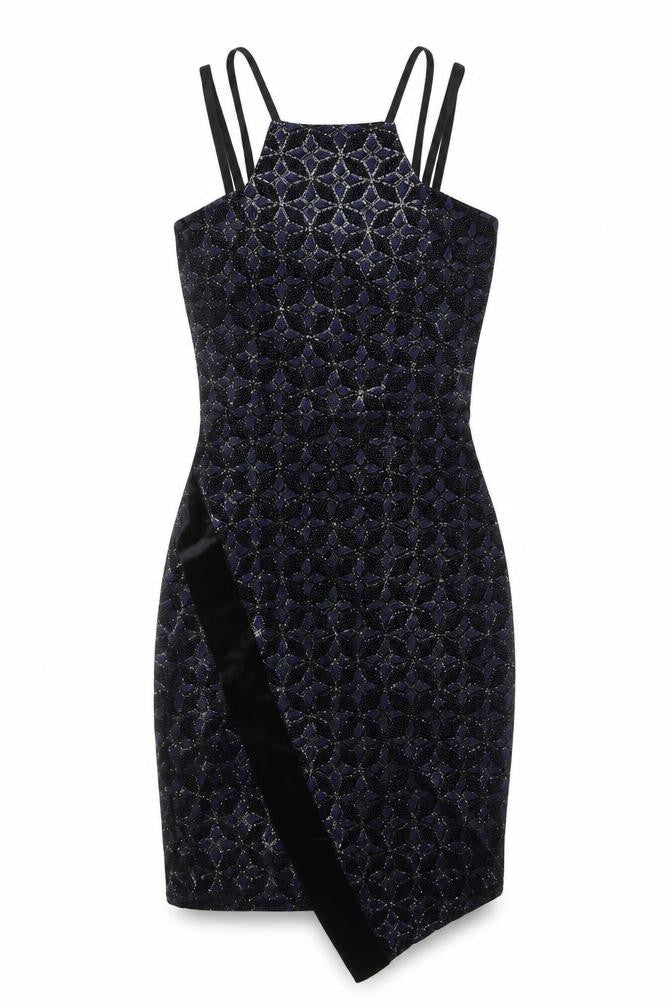 Front view of Quiz women’s black geometric polyester bodycon, size UK 10, square neck pullover - sparkle, asymmetrical hem