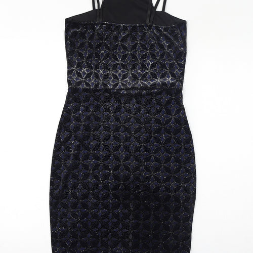 Quiz Womens Black Geometric Polyester Bodycon Size 10 Square Neck Pullover - Sparkle, Asymmetrical Hem