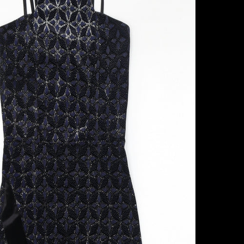 Quiz Womens Black Geometric Polyester Bodycon Size 10 Square Neck Pullover - Sparkle, Asymmetrical Hem