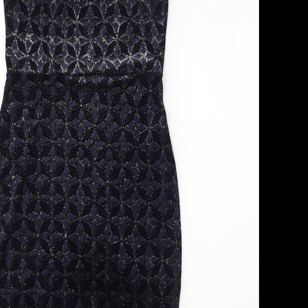 Quiz Womens Black Geometric Polyester Bodycon Size 10 Square Neck Pullover - Sparkle, Asymmetrical Hem