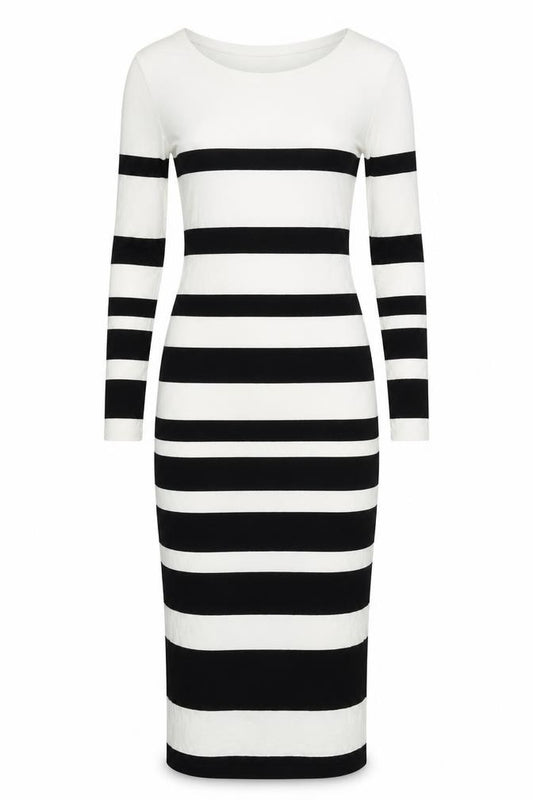 Front view of Selected Femme women’s white striped viscose bodycon, size XS, round neck pullover - side slits