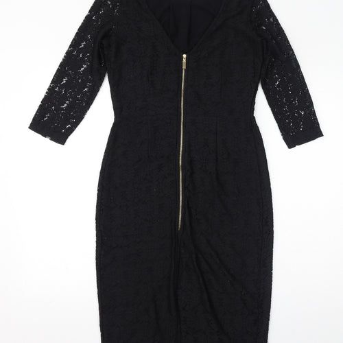 Dorothy Perkins Womens Black Cotton Bodycon Size 12 Round Neck Zip