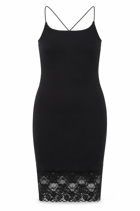 Front view of Cameo Rose women’s black polyester bodycon, size UK 12, round neck pullover - lace hem