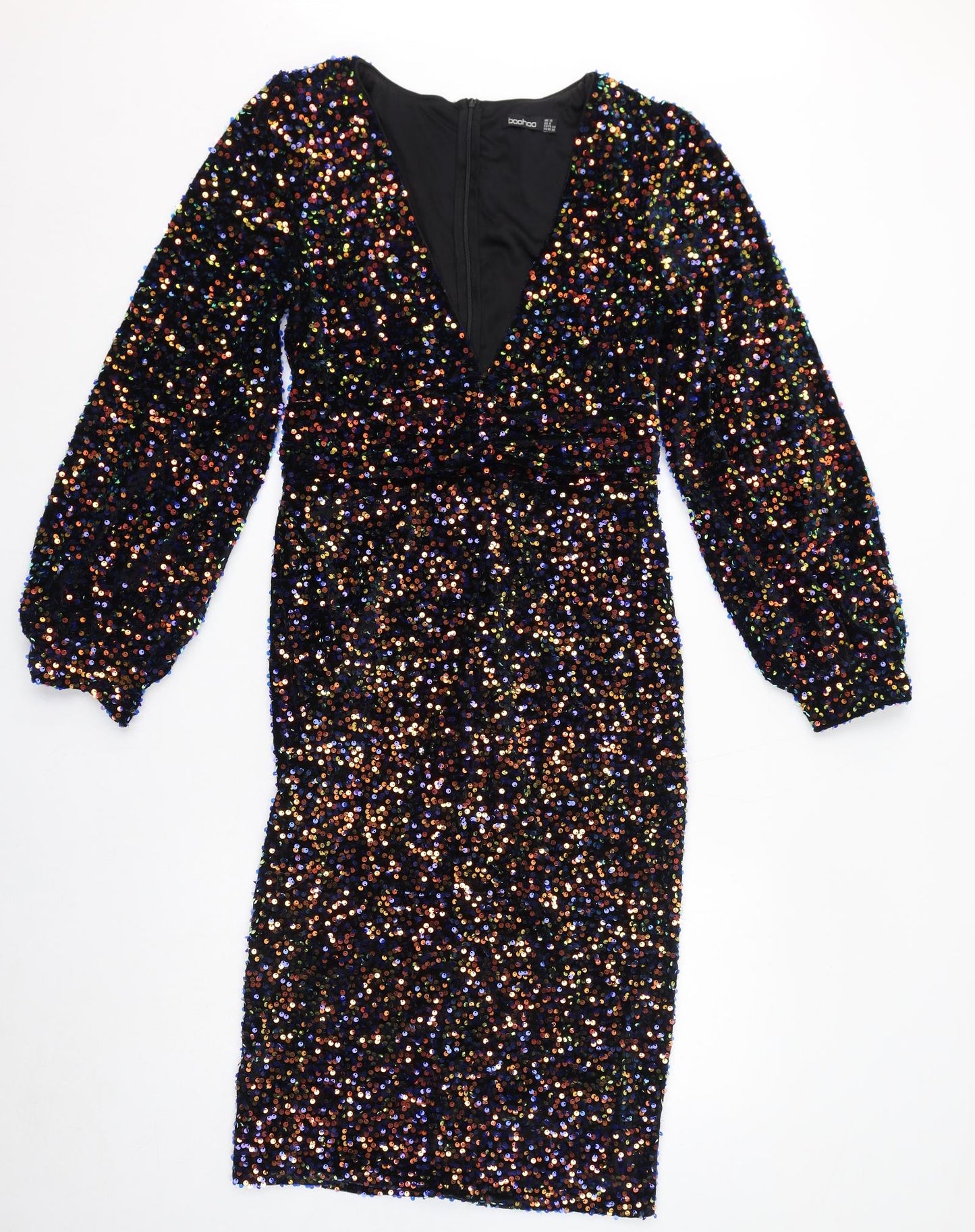 Boohoo Womens Multicoloured Polyester Pencil Dress Size 12 V-Neck Zip - Sequin Embellished, Slit