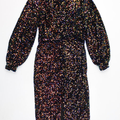 Boohoo Womens Multicoloured Polyester Pencil Dress Size 12 V-Neck Zip - Sequin Embellished, Slit