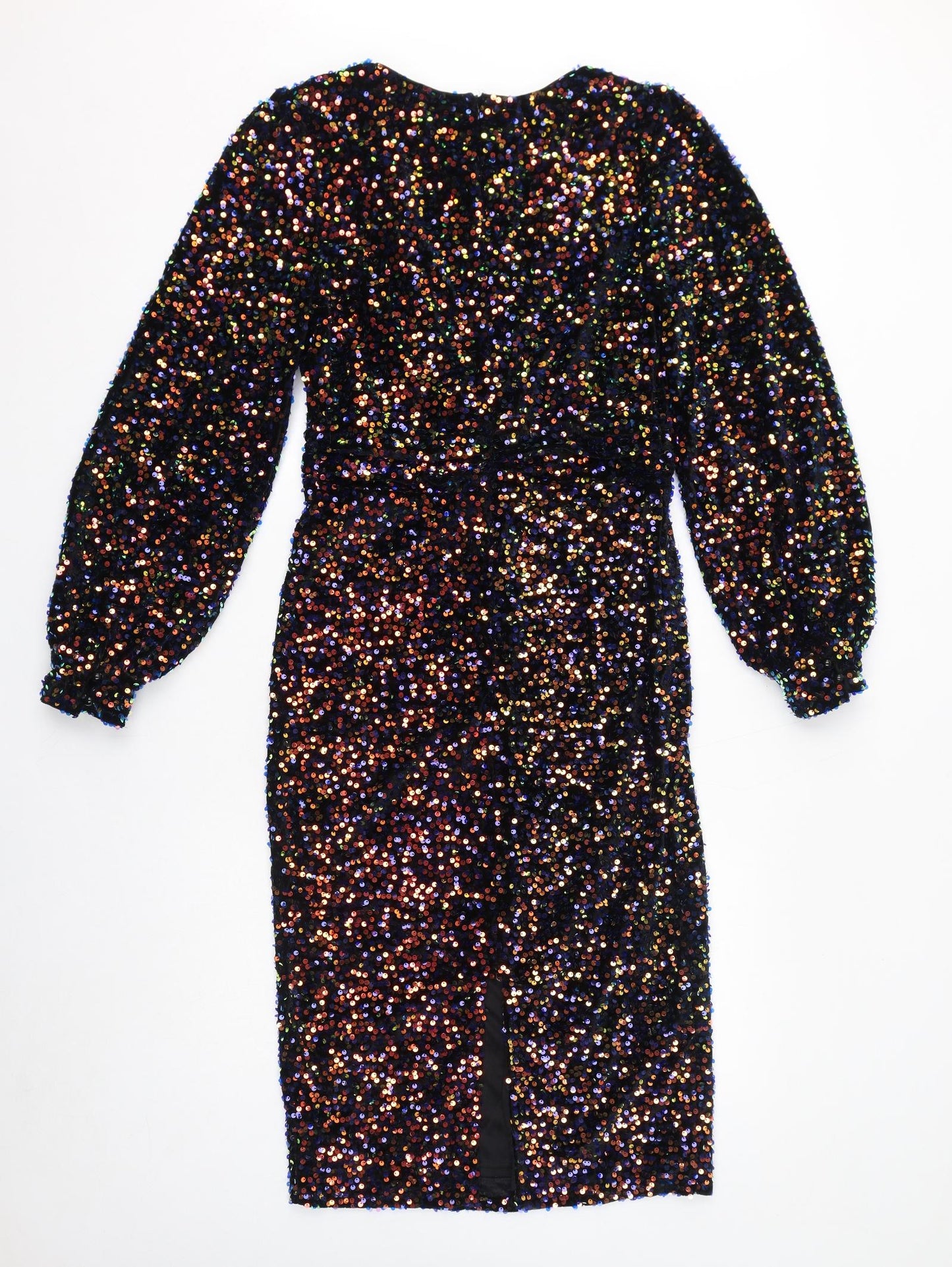 Boohoo Womens Multicoloured Polyester Pencil Dress Size 12 V-Neck Zip - Sequin Embellished, Slit