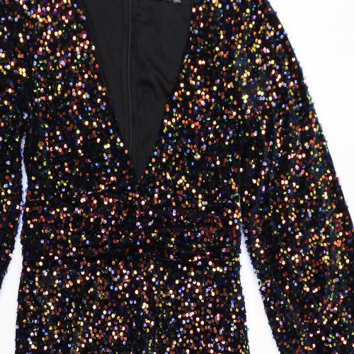 Boohoo Womens Multicoloured Polyester Pencil Dress Size 12 V-Neck Zip - Sequin Embellished, Slit