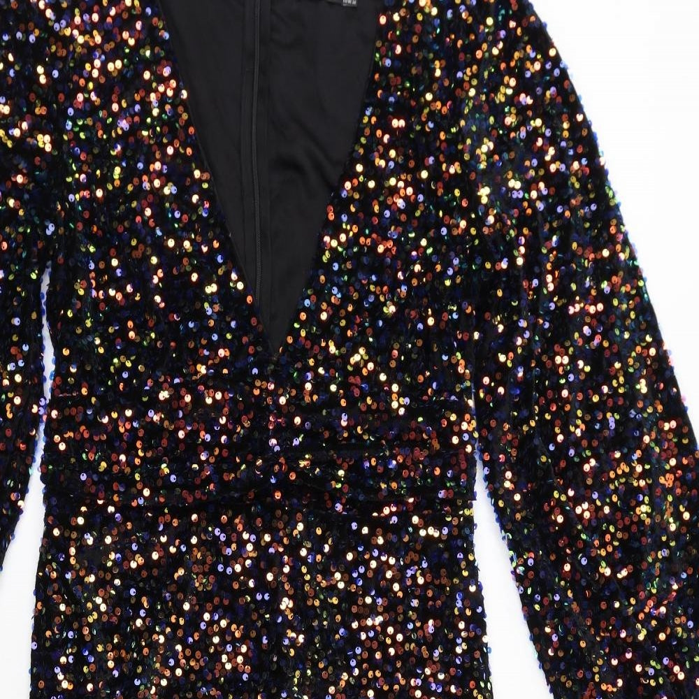 Boohoo Womens Multicoloured Polyester Pencil Dress Size 12 V-Neck Zip - Sequin Embellished, Slit