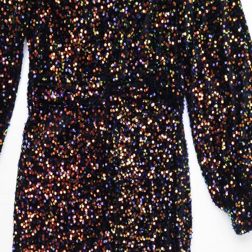 Boohoo Womens Multicoloured Polyester Pencil Dress Size 12 V-Neck Zip - Sequin Embellished, Slit