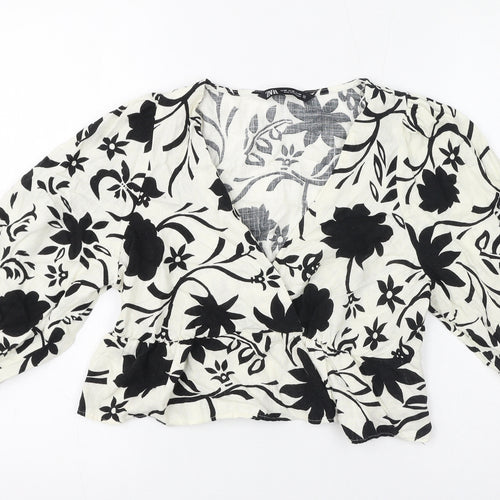 Zara Womens Ivory Floral Viscose Cropped Blouse Size XS V-Neck