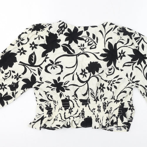 Zara Womens Ivory Floral Viscose Cropped Blouse Size XS V-Neck