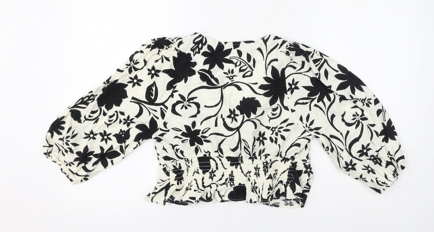 Zara Womens Ivory Floral Viscose Cropped Blouse Size XS V-Neck