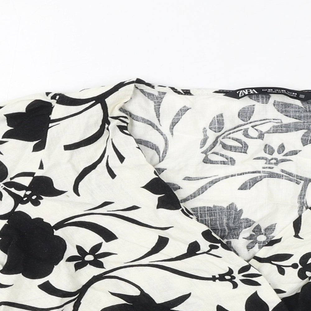 Zara Womens Ivory Floral Viscose Cropped Blouse Size XS V-Neck