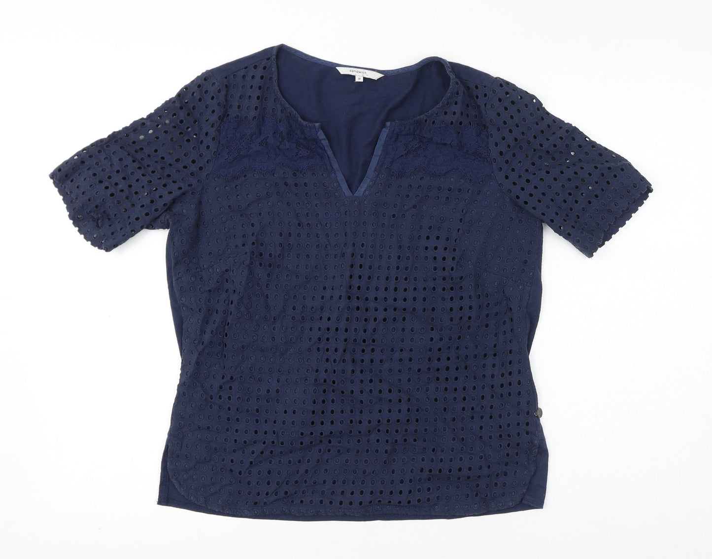 Sandwich Womens Blue Cotton Basic T-Shirt Size 10 V-Neck - Broderie Anglaise
