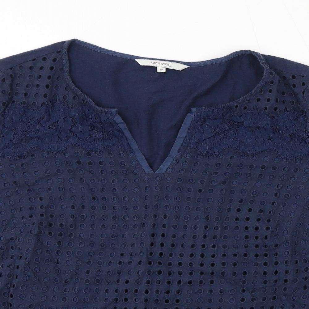 Sandwich Womens Blue Cotton Basic T-Shirt Size 10 V-Neck - Broderie Anglaise