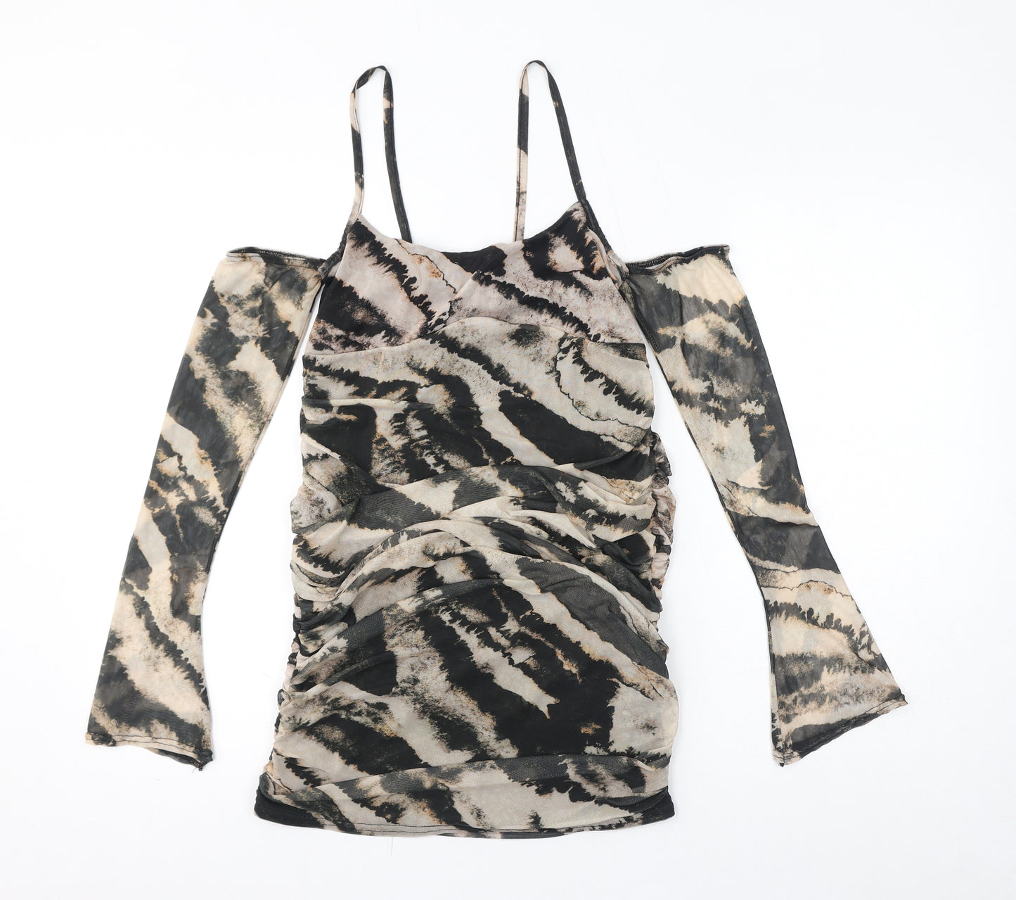 PRETTYLITTLETHING Womens Brown Geometric Polyester Basic Blouse Size 14 Off the Shoulder - Mesh, Cold Shoulder, Ruched