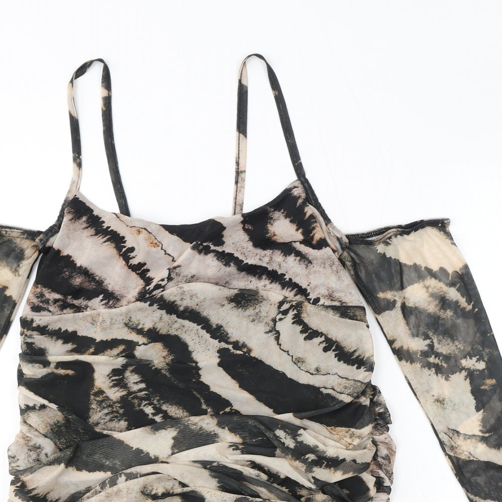 PRETTYLITTLETHING Womens Brown Geometric Polyester Basic Blouse Size 14 Off the Shoulder - Mesh, Cold Shoulder, Ruched