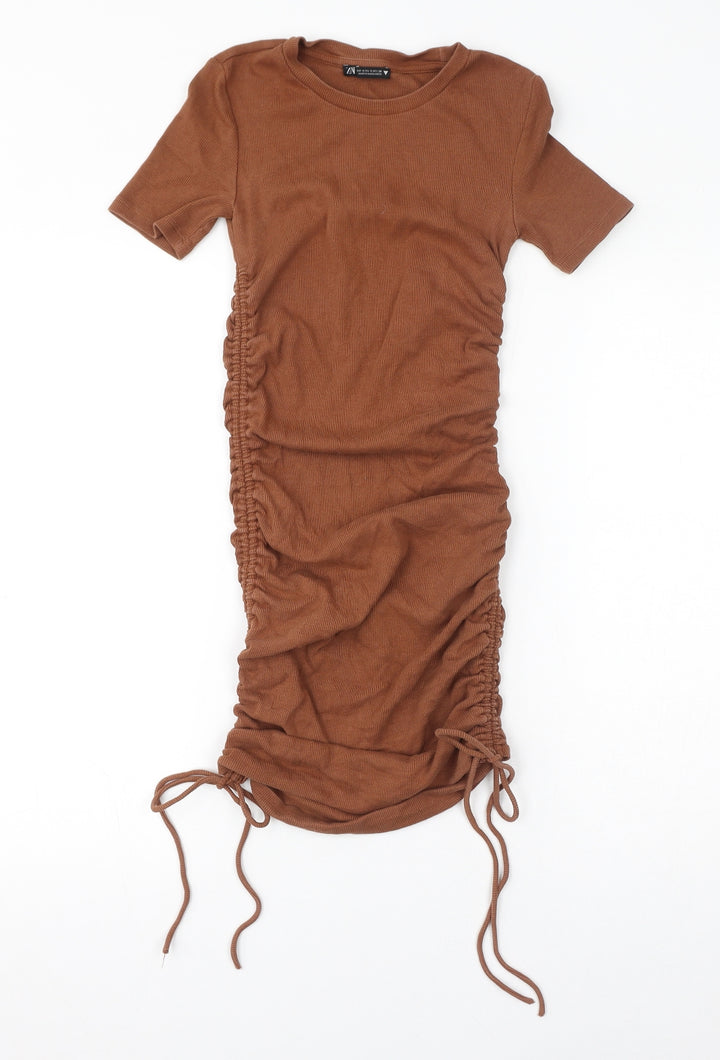 Zara Womens Brown Cotton Bodycon Size S Crew Neck Pullover - Rushed