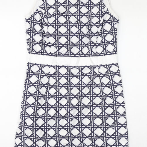 Brooks Brothers Womens White Geometric Cotton Pencil Dress Size 10 Round Neck Zip