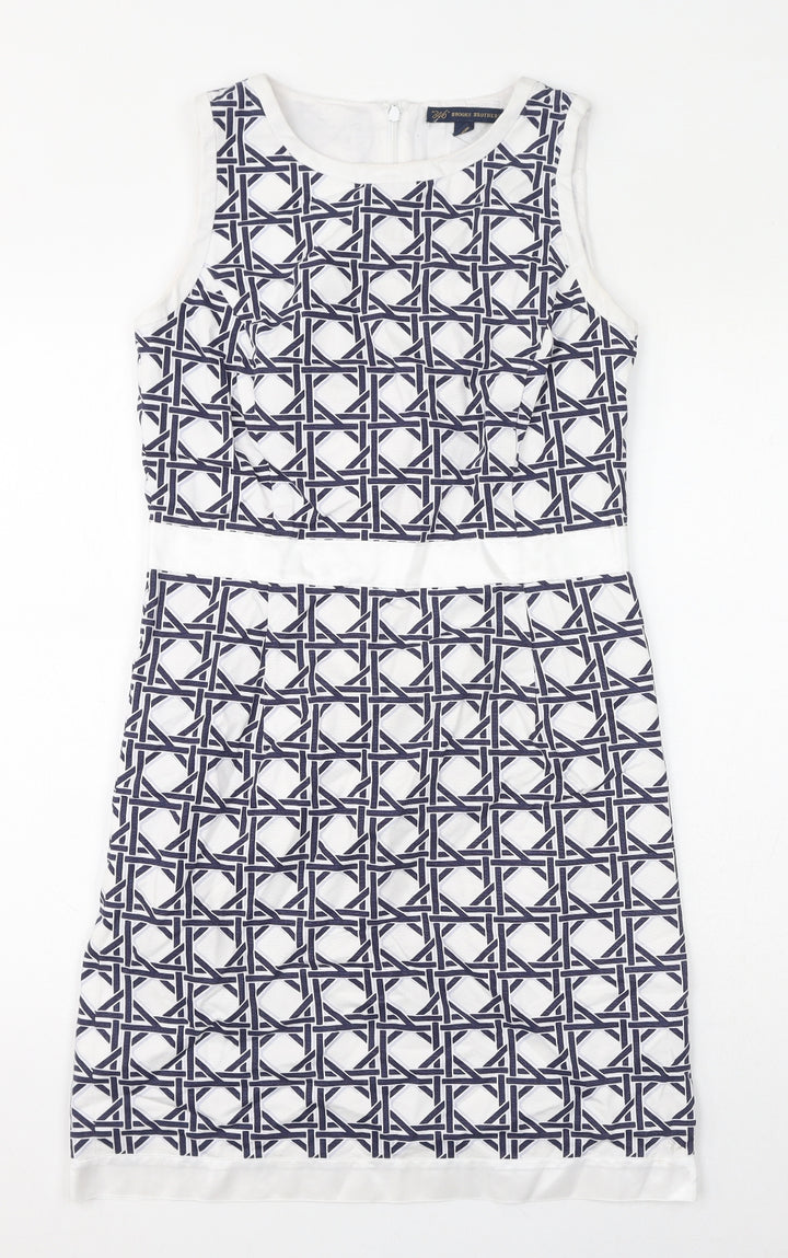 Brooks Brothers Womens White Geometric Cotton Pencil Dress Size 10 Round Neck Zip