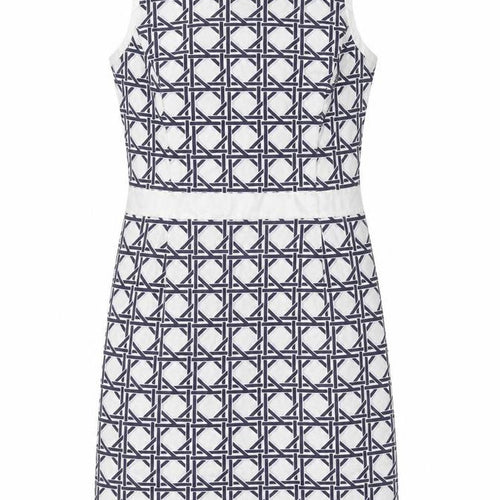 Brooks Brothers Womens White Geometric Cotton Pencil Dress Size 10 Round Neck Zip