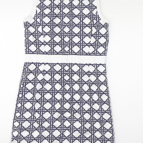 Brooks Brothers Womens White Geometric Cotton Pencil Dress Size 10 Round Neck Zip
