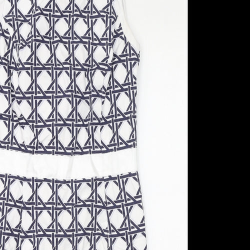 Brooks Brothers Womens White Geometric Cotton Pencil Dress Size 10 Round Neck Zip
